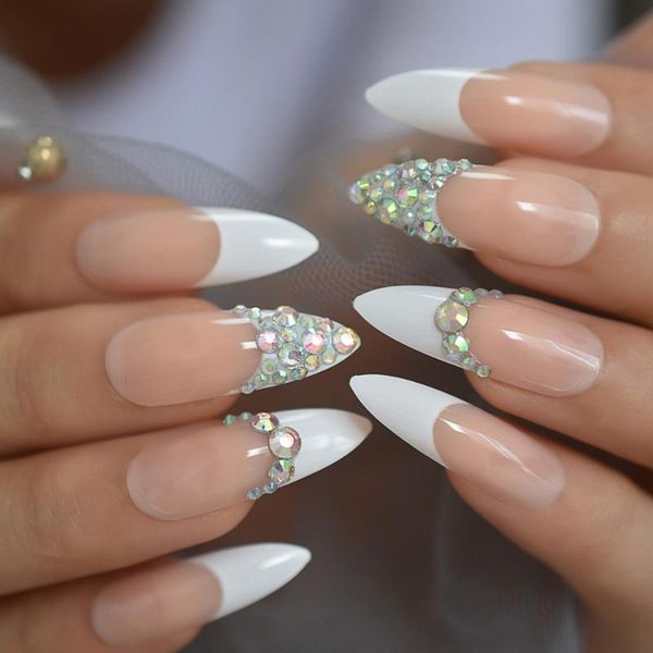 

3d rhinestones ab gems nude white french stiletto sharp false fake nails extra long press on party finger wear 24pcs uv nail tip, Red;gold