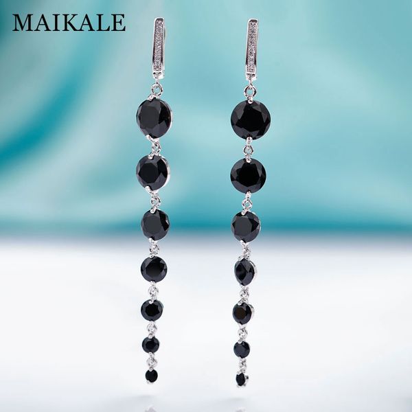 

maikale new fashion round cz zirconia long earrings for women rose gold fine jewelry tassel black dangle earrings to gift, Silver