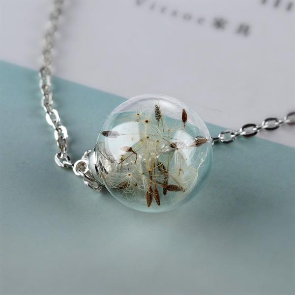 

new fashion dandelion wishing necklace real dandelion seeds in clear crystal ball pendant necklace handmade charm gift for her, Silver