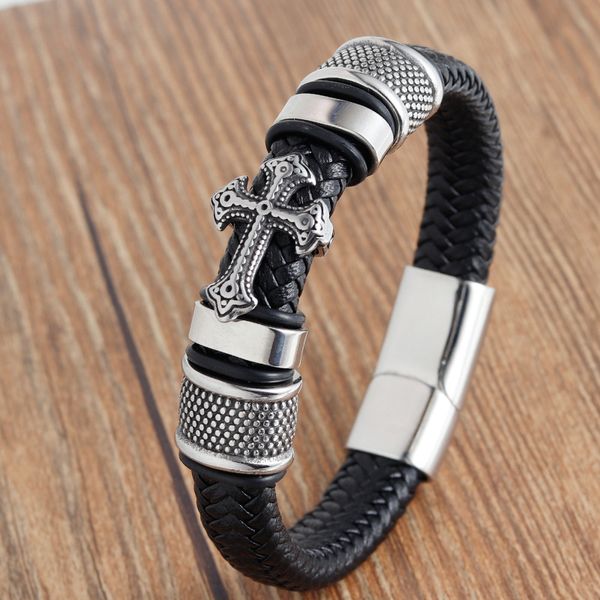 

charm bracelets vintage men bracelet punk brown braided leather cross male jewelry stainless steel magnetic clasp wristband gift, Golden;silver