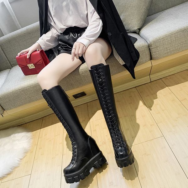 

lolita boots winter shoes for women lace up luxury designer booties ladies round toe boots-women thigh high heels high, Black