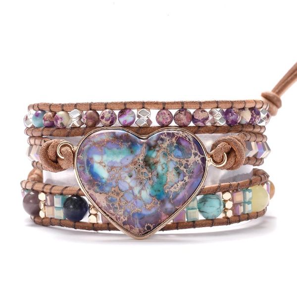 

tennis love heart regalite stone wrap bracelets handmade braided beaded triple leather girlfriend bohemian jewelry gift, Golden;silver