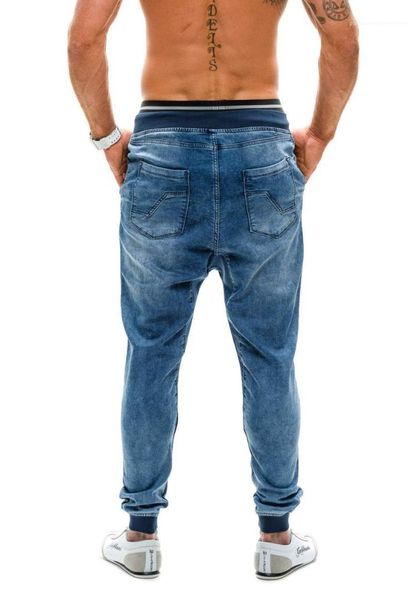 

elastic high waist jeans male european and american thread waist loose men's jogging pants designer pants new, Blue