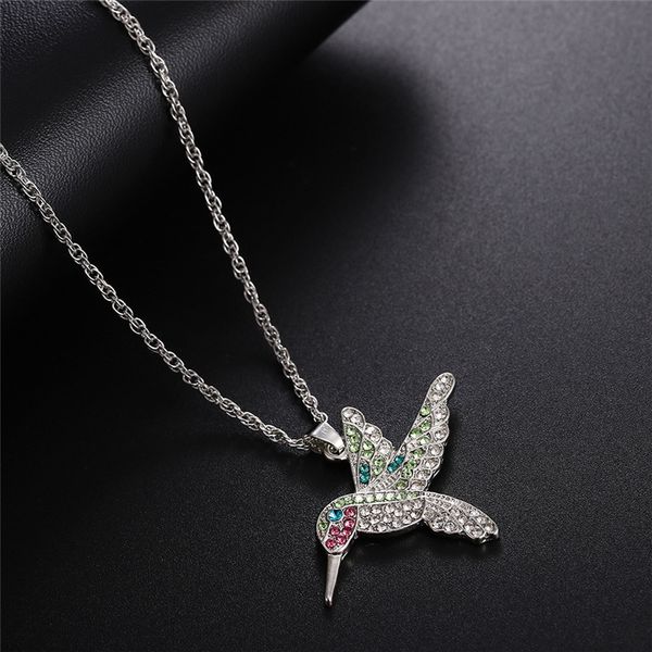 

animal flying bird hummingbird colorful crystal pendants necklace men women silver color chain necklace sweater jewelry