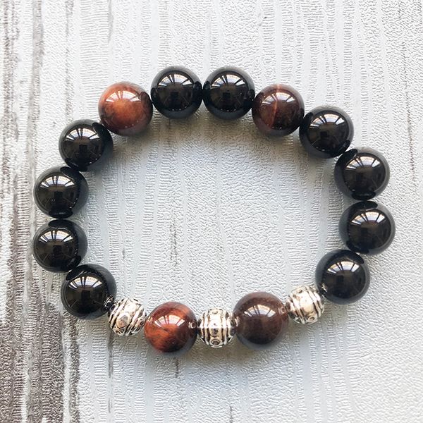 

tennis men's 12mm natural stone beaded strength bracelet black a-gate and red tiger's eye mala healing power luxury, Golden;silver