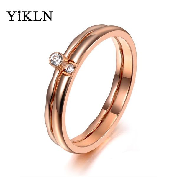 

yikln trendy titanium stainless steel 2 in 1 cz crystal ring jewelry rose gold wedding engagement rings for women girls yr19147, Slivery;golden