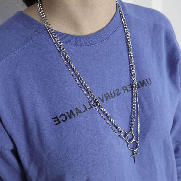 

мужские слоистый ожерелье из нержавеющей стали круг крест кулон multiple заявление ожерелья цепи стали мужские аксессуары хип-хоп, Silver