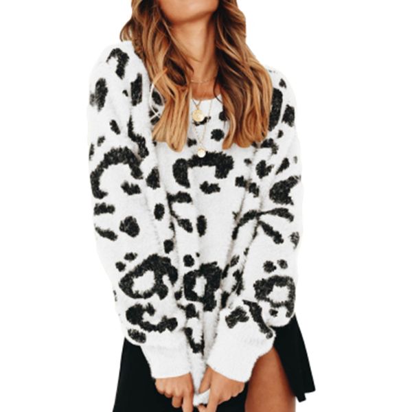 

2020 autumn winter women's o-neck knitted sweater casual leopard long sleeve solid warm loose casual pullover knitted sweater, White;black