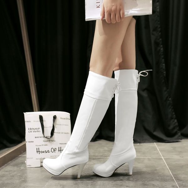 

boots 2021 big size women knee high chunky heels round toe spring autumn shoes less platform 19-16, Black