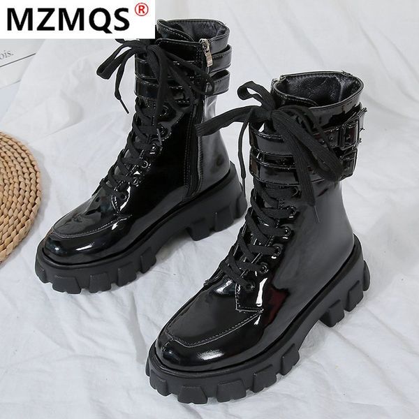 

2020 winter new patent leather ankle boots women fashion double buckle platform casual boots woman warm zipper botas mujer, Black
