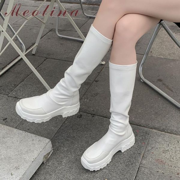 

meotina real leather platform high heel stretch boots women knee high boots shoes round toe block heels long autumn winter, Black