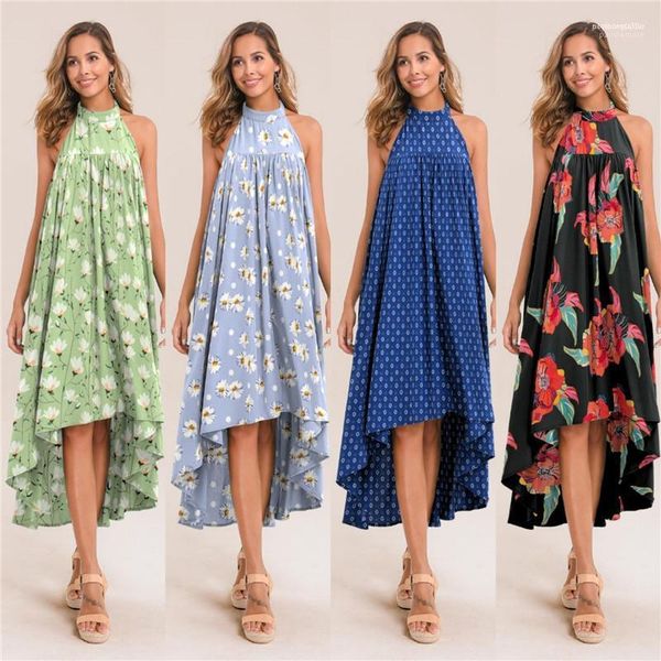 

dresses holiday backless sleeveless dress 2020 women summer floral printed dress ladies designer irregular, Black;gray