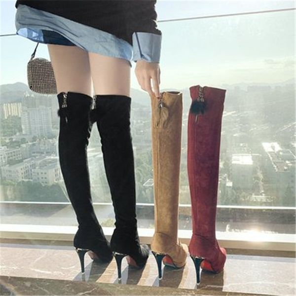 

winter long boots women pointed high-high stretch women's thigh boot thin heel slim over the knee high wild thin heel boot, Black