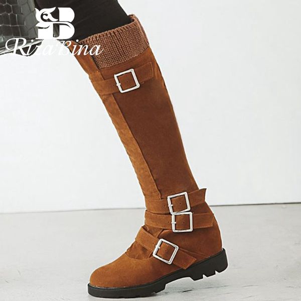 

rizabina 4 color woman knee high boots zipper solid color round toe buckle long boots winter warm women footwear size 34-43, Black