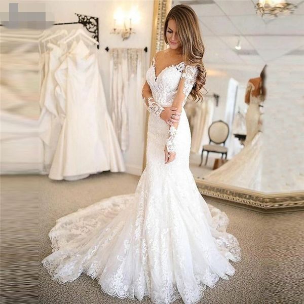 

new fantastic long sleeves lace mermaid wedding dresses deep v neck 2020 vestido de noiva robe de mariee vestidos de festa bride dress, White