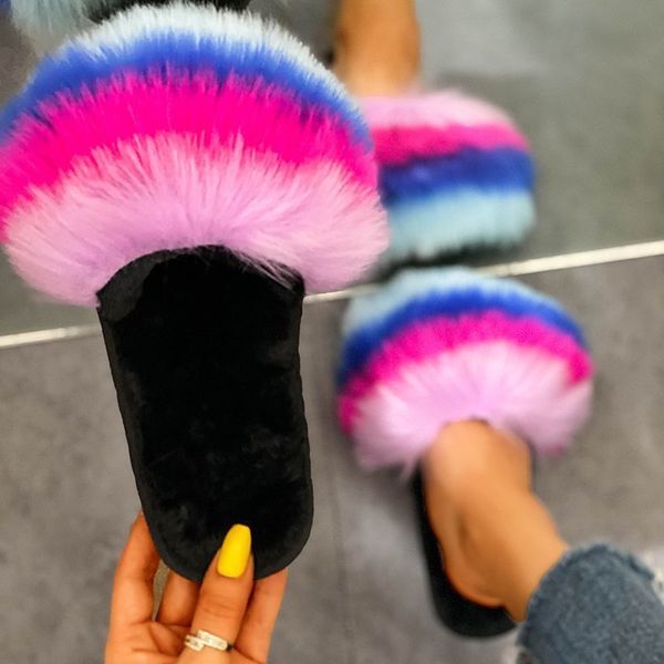

imitation fox fur women sandals 2020 summer new rainbow flip-flops flat fur slippers dhl, Black