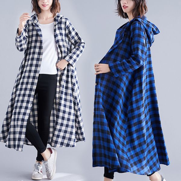 

vintage long trench coat female 2020 new spring autumn women's clothing large size plaid cardigan hooded windbreaker shirts b433, Tan;black