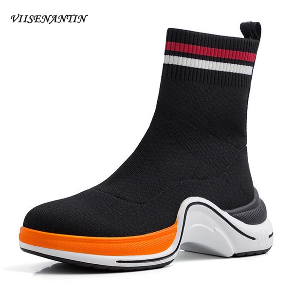 

boots autumn and winter thick-soled knitted woolen elastic socks women's flat platform slip on daddy shoes designer for ladies, Black