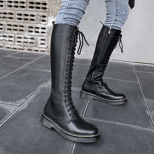 

elegant platform genuine leather women winter boots cross tied chunky heels women fashion party basic shoes woman, Black