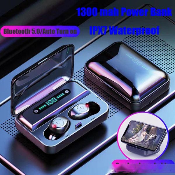 

f9-5 tws headphones bluetooth v5.0 wireless earphone mini smart touching earbuds with led display 1200mah power bank headset and mic