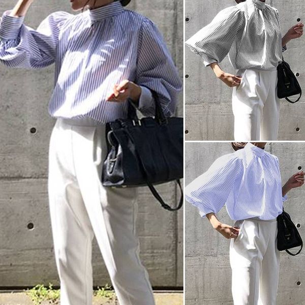 

women fashion blouses 2020 celmia summer lantern sleeve casual shirts long sleeve striped loose party work blusas femininas, White