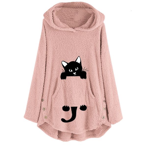 

womens winter plush coat fleece cat embroidery warm hoodie plus size button lady pocket outwear long pullover womens warm #b, Black