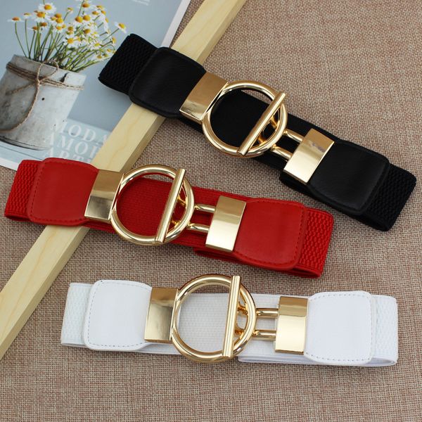 

designer luxury fashion girl elastic belt new dress skirt elastic wide waist seal gold round buckle women's decorative belts, Black;brown