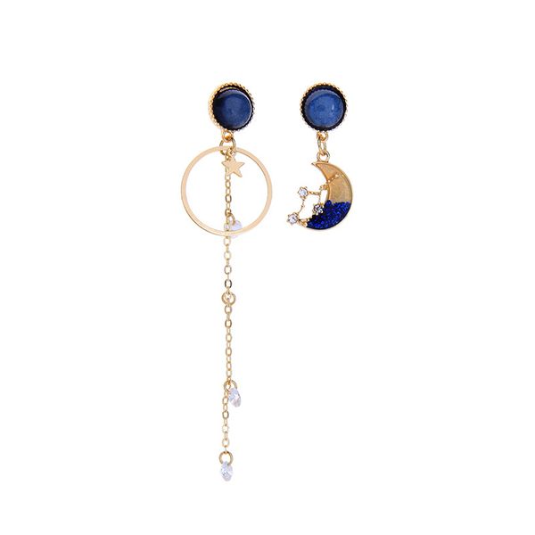 

e6975 zwpon asymmetric gold circle moon star dangle earrings for women link chain tassel pearl earrings jewelry wholesale, Silver