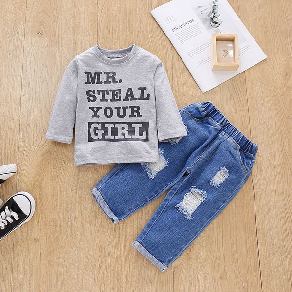 

autumn kid boy girl clothing fashion tracksuit long sleeve + hole jeans 2pcs/sets infant clothes children kid suits, White