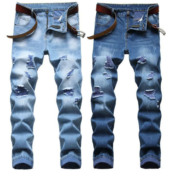 

men's jeans fashion men ripped straight long pant denim bike, Blue
