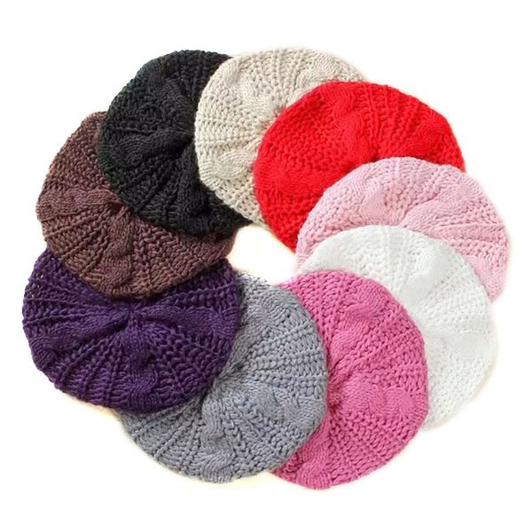 

berets fashion women beanie hats winter knitting flower luxury vintage wool ski cap solid color elegant, Blue;gray