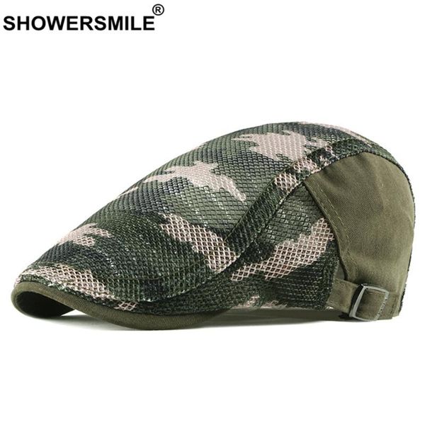 

showersmile camouflage mens beret caps army green spring summer flat cap men cotton adjustable male 2020 new arrival hat beret, Blue;gray