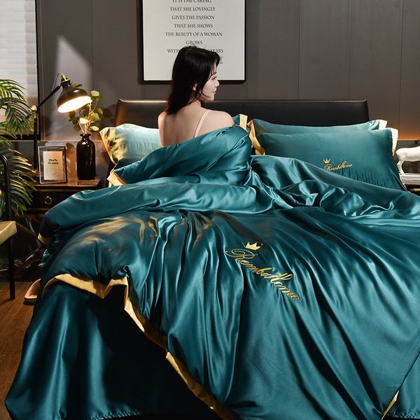 

summer smooth washed silk 4-piece bedding set luxury  king size duvet cover set solid embroidery bed sheets and pilowcase
