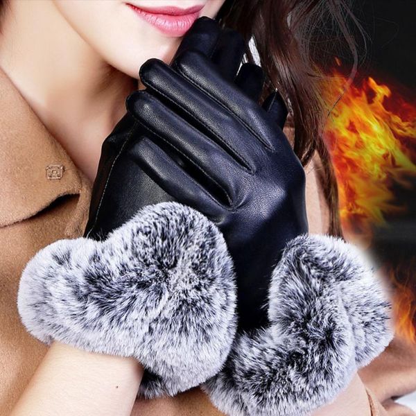 

winter gloves women lady black leather gloves autumn winter warm fur mittens handschoenen keep warm gloves#p2, Blue;gray