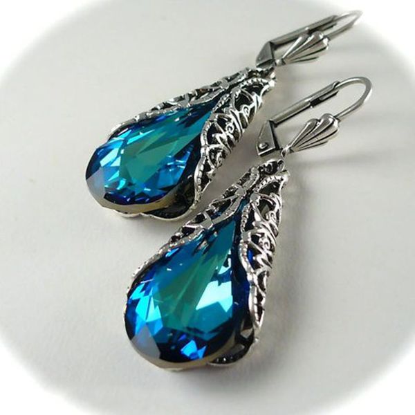 

classic vintage big blue water drop zircon earring fashion bohemian hollow long earrings for women's gift dangle earrings, Silver