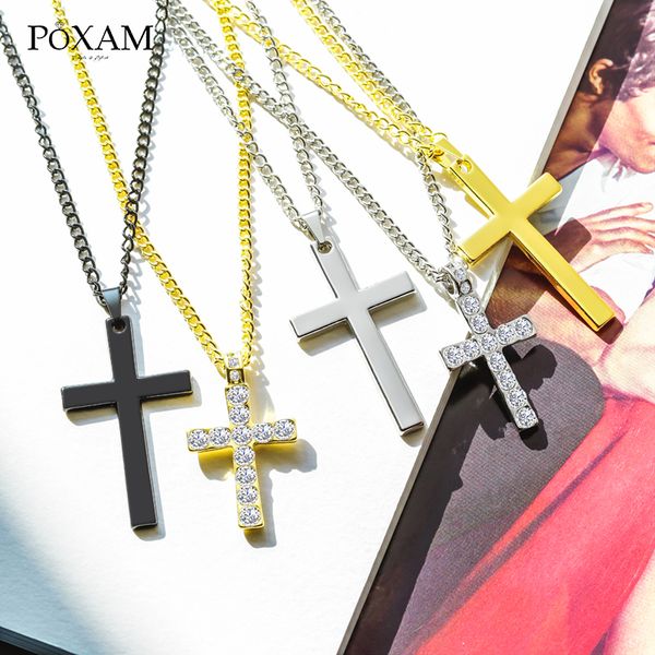 

pendant necklaces poxam vintage crystal cross for women stainless steel black/gold/silver color chain necklace 2021 jewelry