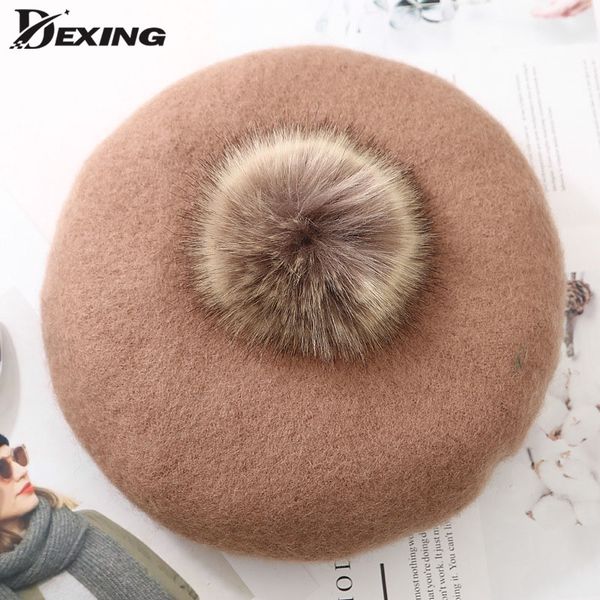 

autumn wool beret hat solid women boina french hat girls fashion warm pompom berets painter cap with pom pom, Blue;gray