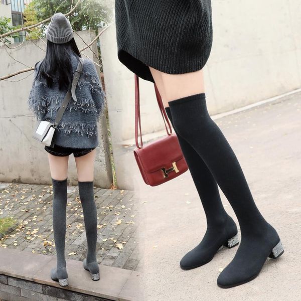 

over-the-knee boots socks thick-heeled boots autumn elastic high-women's 2020 new autumn and winter thin, Black