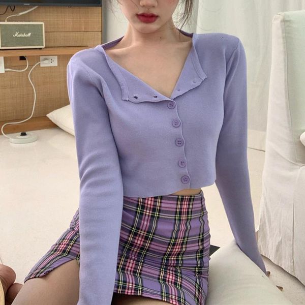 

2020 women button front crop knitted o-neck ribbed knit purple cardigans crop knitted soft sweater for women, White;black