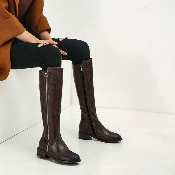 

round toe zipper brand women's shoes boots flat platform boots-women booties woman 2020 low heel thigh high heels high, Black