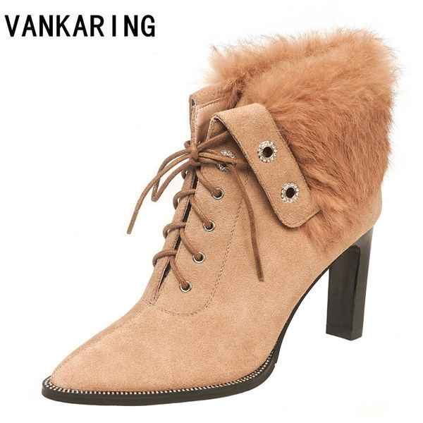 

women shoes high heel ankle boots suede leather fur winter warm snow shoes woman pointed toe female flock laceing casual, Black