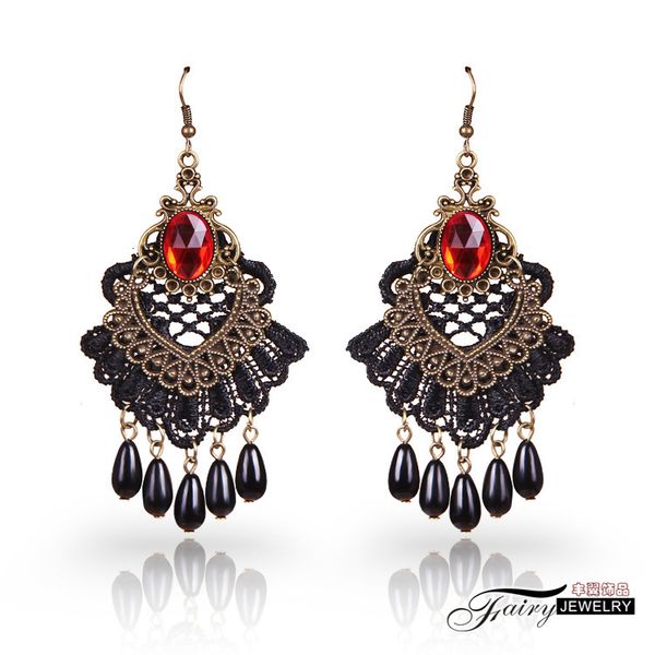 

jouval gothic vintage black lace beads long drop earrings for women girl crystal flower dangle brincos halloween fashion jewelry, Silver
