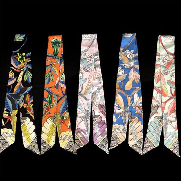 

scarves 2021 design fashion skinny scarf floral print women silk small handle bag ribbons female head scarves&wraps for, Blue;gray
