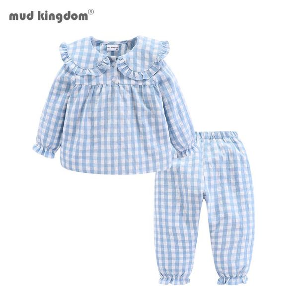 

mudkingdom little girls pajamas outfits lovely cotton fall plaid ruffles lace anchor sleepwear, Blue;red
