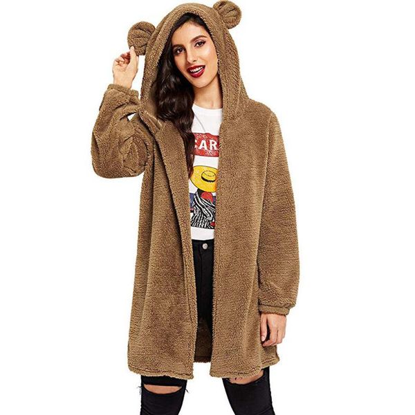 

women's jackets sweatshirt women casual hoodies bear ear teddy hooded long sleeves pockets irregular blouse shirts feminine oversize #d, Black;brown