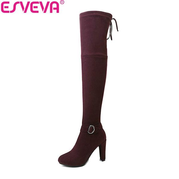 

boots esveva 2021 women zipper over the knee square high heels winter shoes buckle sewing autumn woman size 34-43, Black