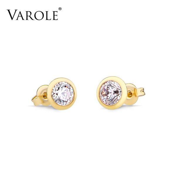 

varole fashion elegant shiny stainless steel stud earrings for women party wearing big cut multi colors zircon crystal earrings, Golden;silver