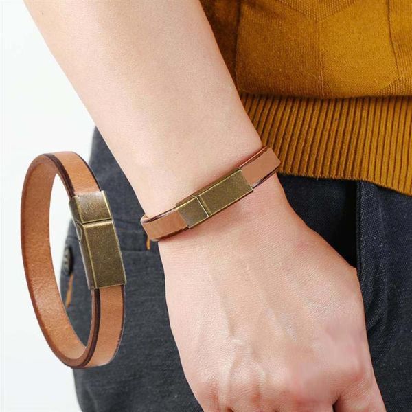 

tennis men bangles jewelry brown leather bracelet stainless steel magnetic clasp fashion gift 1pcs, Golden;silver
