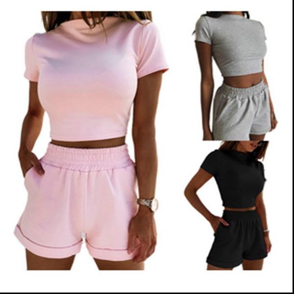 

женщины 2pcs соответствия set 2020 summer casual solid o шеи crop top карманы свободные шорты женский tracksuit одежда 5 цветов, Gray