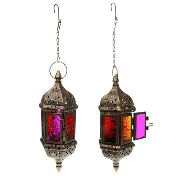 

2x iron chain hanging glass candlestick candle holder lantern lamp brown